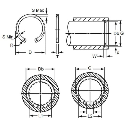 Internal Circlip   30 x 1.2 mm  - Inverted Carbon Steel - 30.00 Housing - MBA  (Pack of 5)