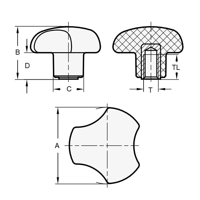 Three Lobe Knob    5/16-18 UNC x 50.04 x 14 mm  - Brass Insert Thermoplastic - Black - Female - MBA  (Pack of 1)