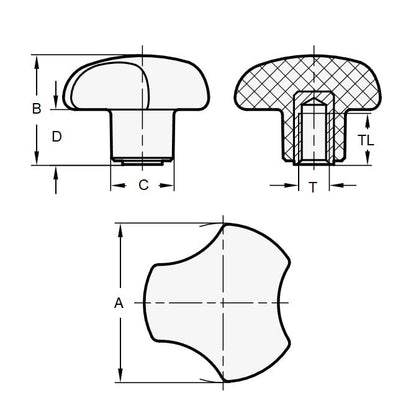 Three Lobe Knob    1/4-20 UNC x 38.1 x 9.9 mm  - Brass Insert Thermoplastic - Black - Female - MBA  (Pack of 1)