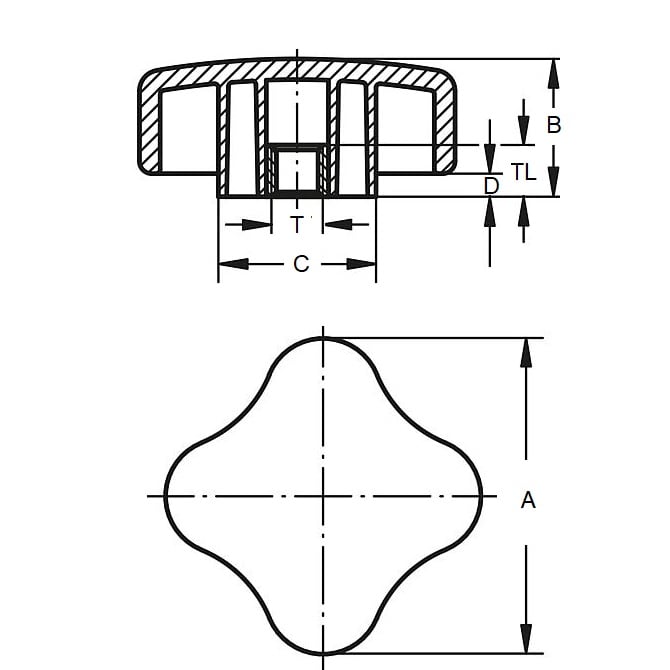 Four Lobe Knob    3/8-16 UNC x 59.94 x 14.2 mm  - Brass Insert Thermoplastic - Black - Female - MBA  (Pack of 1)