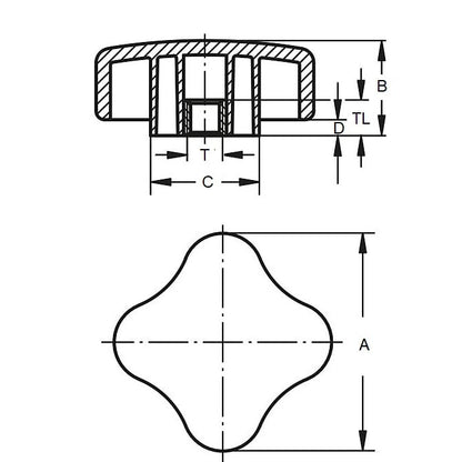 Four Lobe Knob    1/4-20 UNC x 24.9 x 9.7 mm  - Brass Insert Thermoplastic - Black - Female - MBA  (Pack of 1)