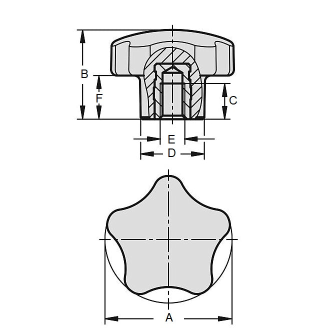 Five Lobe Knob    1/2-13 UNC x 57.4 x 12.7 mm  - Plated Brass Insert Thermoplastic - Black - Female - MBA  (Pack of 1)