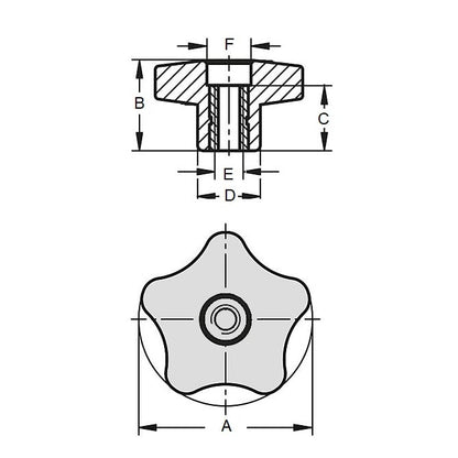 Five Lobe Knob    3/816 UNC x 38.61 mm  - Plated Brass Insert Thermoplastic - Black - Female - MBA  (Pack of 1)