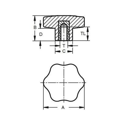 Six Lobe Knob    Blank x 69.09 x 24.9 mm  - Steel Insert Phenolic - Black - Female - MBA  (Pack of 1)