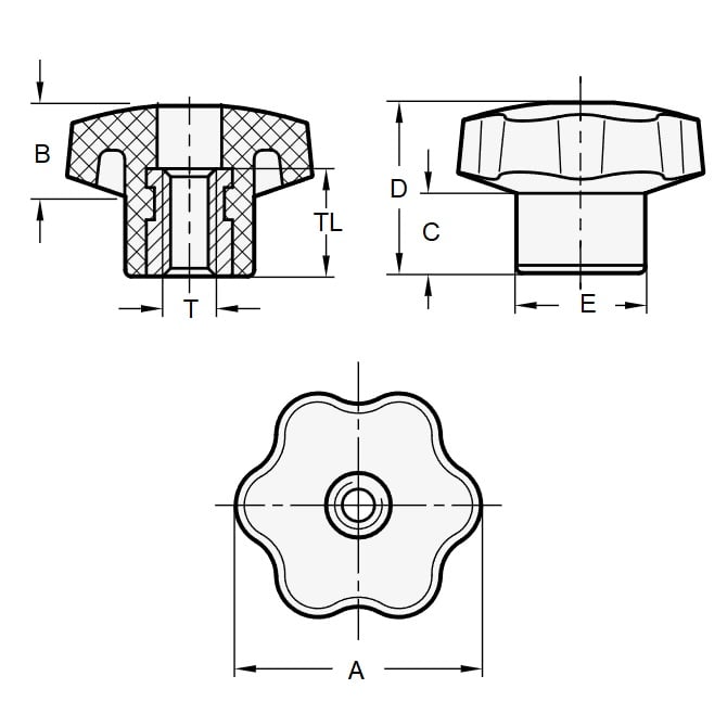 Six Lobe Knob    M10 x 50 x 18 mm  - Through Hole Brass Insert Thermoplastic - Black - Female - MBA  (Pack of 1)