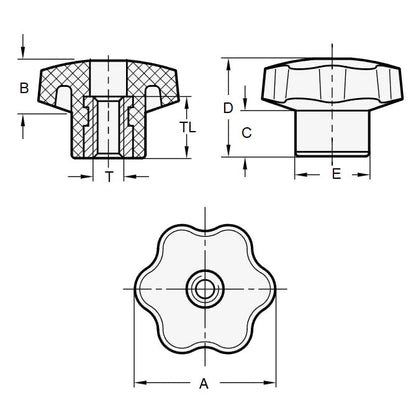 Six Lobe Knob    M10 x 50 x 18 mm  - Through Hole Brass Insert Thermoplastic - Black - Female - MBA  (Pack of 1)