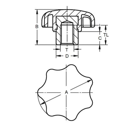 Seven Lobe Knob    1/2-13 UNC x 63 mm  - Plated Steel Hub Insert Thermoplastic - Black - Female - MBA  (Pack of 10)