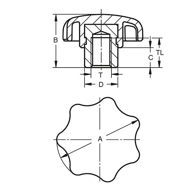 Seven Lobe Knob    3/8-16 UNC x 50.04 mm  - Plated Steel Hub Insert Thermoplastic - Black - Female - MBA  (Pack of 10)