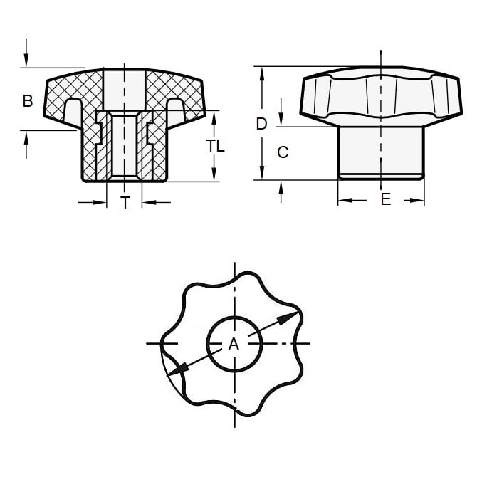 Knobs M10x1.50 x 40.0 x 25.0  - Knobs - Seven Lobe - Female - Through Hole - MBA  (Pack of 1)