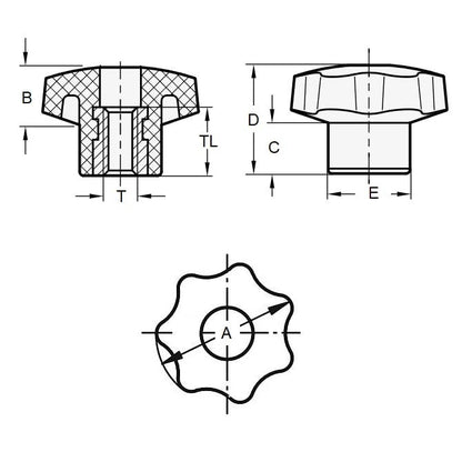 Knobs M10x1.50 x 40.0 x 25.0  - Knobs - Seven Lobe - Female - Through Hole - MBA  (Pack of 1)