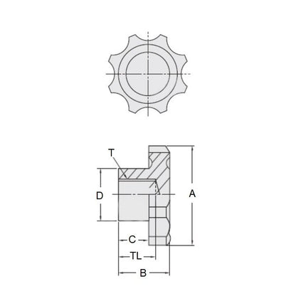 Eight Lobe Knob M12 x 50 x 21 mm  - Brass Insert Phenolic - Black - Female - MBA  (Pack of 1)