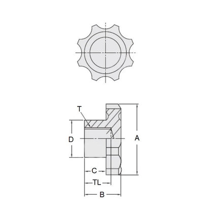 Eight Lobe Knob M10 x 40 x 17 mm  - Brass Insert Phenolic - Black - Female - MBA  (Pack of 1)