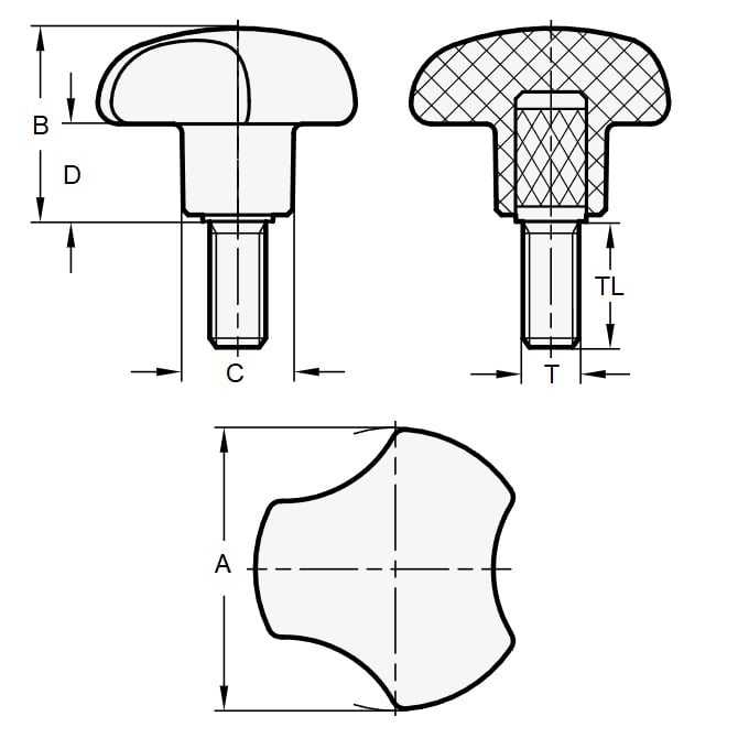 Three Lobe Knob    1/2-13 UNC x 62.99 x 38.1 mm  - Plated Steel Insert Thermoplastic - Black - Male - MBA  (Pack of 1)