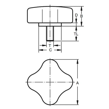 Four Lobe Knob    1/2-13 UNC x 62.99 x 44.5 mm  - Plated Steel Insert Phenolic - Black - Male - MBA  (Pack of 1)