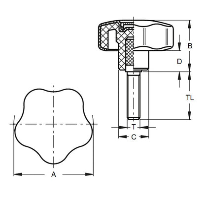 Five Lobe Knob    1/4-20 UNC x 57.15 x 25.4 x 25.4 mm  - Plated Steel Insert Thermoplastic - Black - Male - MBA  (Pack of 1)