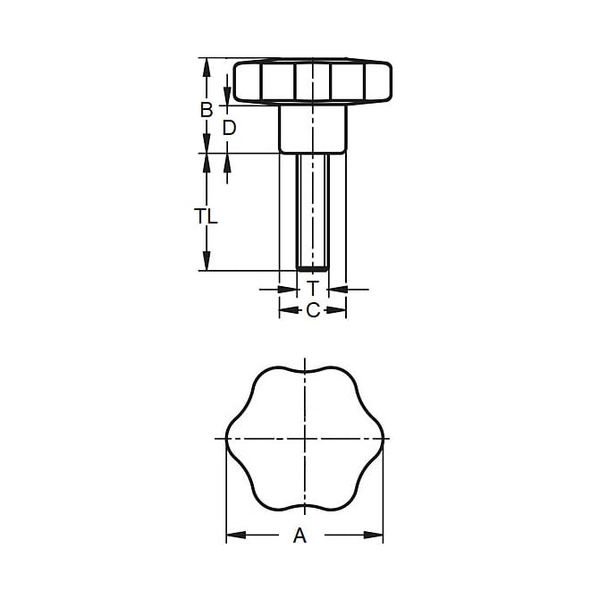 Six Lobe Knob    5/16-18 UNC x 40 x 19.1 mm  - 304 Stainless Insert Thermoplastic - Black - Male - MBA  (Pack of 1)