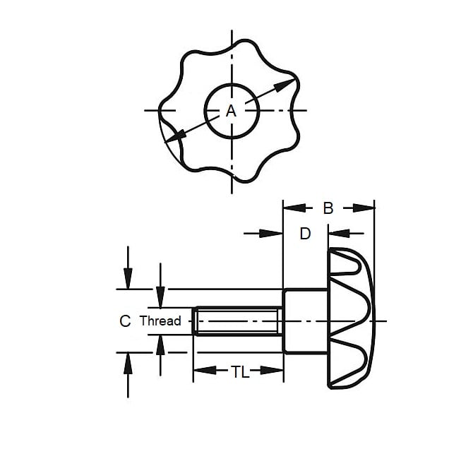 Seven Lobe Knob    5/16-18 UNC x 40 x 20 mm  - 304 Stainless Insert Thermoplastic - Black - Male - MBA  (Pack of 1)