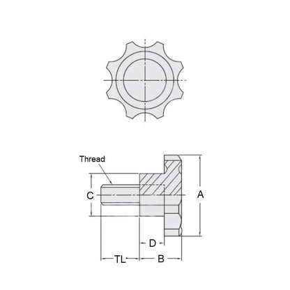 Eight Lobe Knob M10 x 40 x 25 mm  - Brass Insert Phenolic - Black - Male - MBA  (Pack of 1)